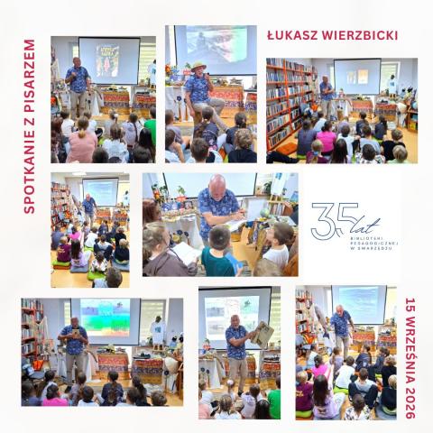 kolaż zdjęć przedstawiający psiarza i uczestników spotkania autorskiego