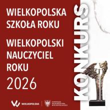 na czerwonym tle statuetka oraz napis Konkurs Wielkopolska Szkoła Roku
